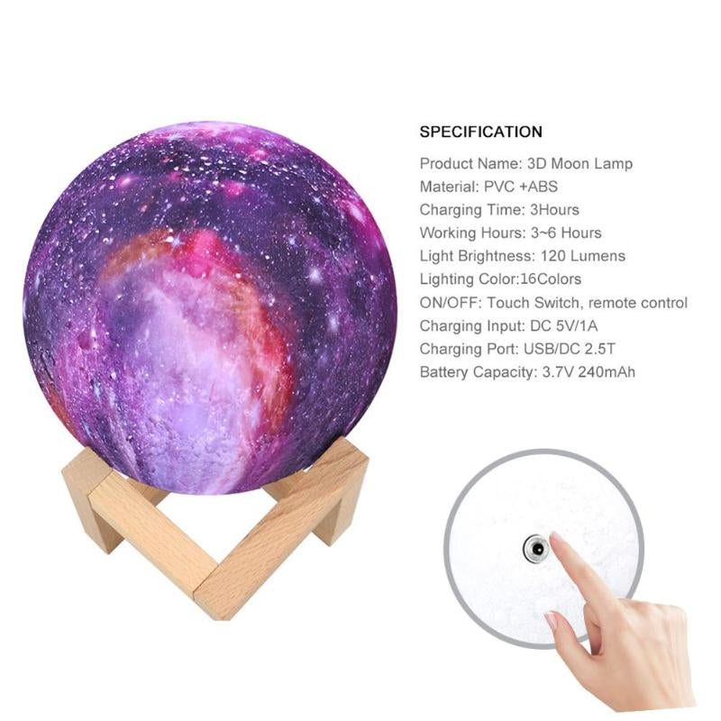 3D Print Star Moon Lamp 16 Colors LED Galaxy Night Light Creative Touch Switch Moon Lamps Home Bedroom Decoration Christmas Gift