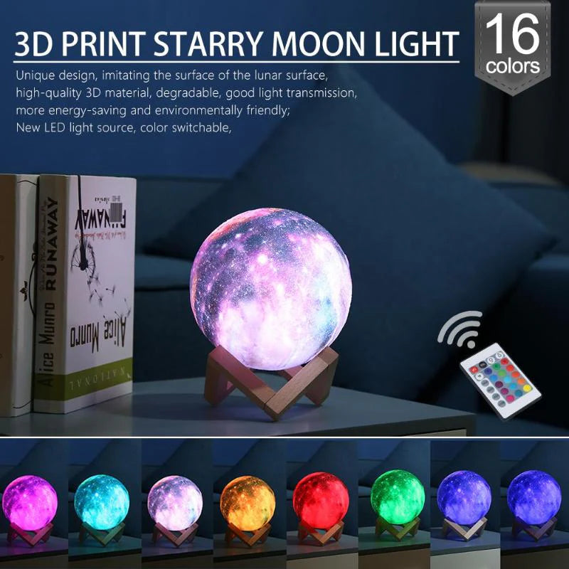 3D Print Star Moon Lamp 16 Colors LED Galaxy Night Light Creative Touch Switch Moon Lamps Home Bedroom Decoration Christmas Gift